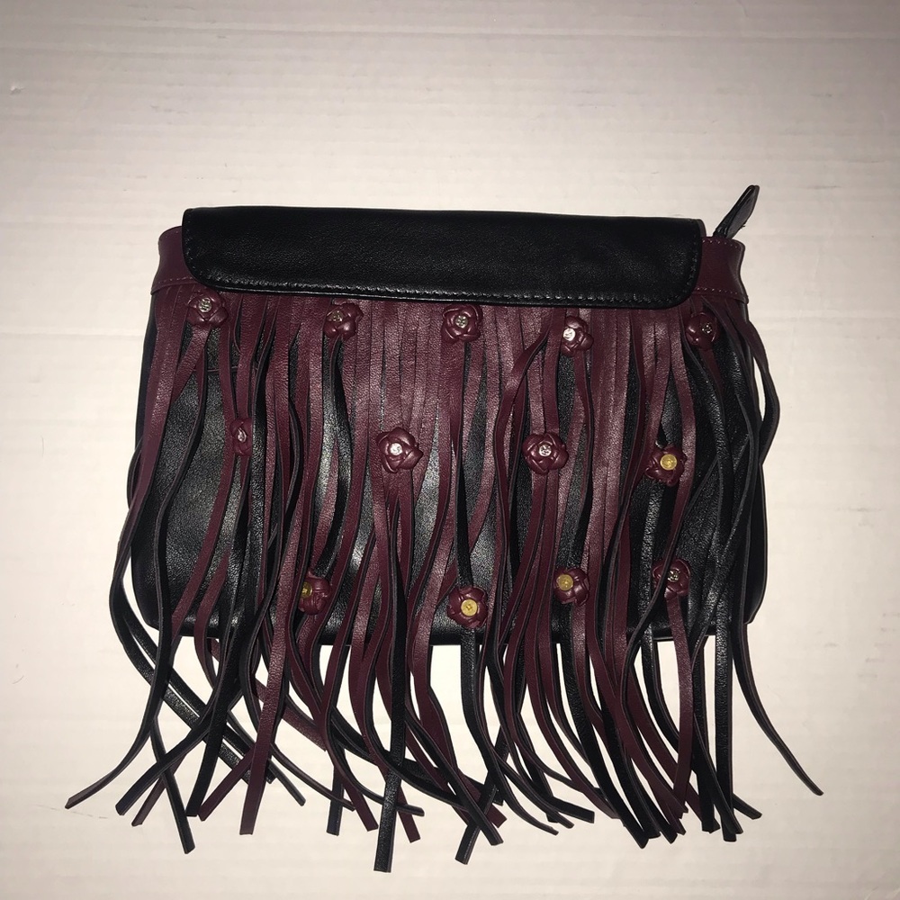 Katherine Kwei "Donna" Black & Wine Leather Fringe Crossbody Bag  Eternity Knots